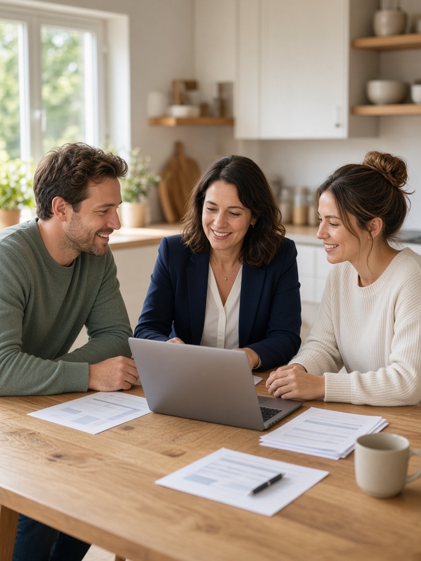A Unified loan officer reviewing loan options with a couple at their kitchen table